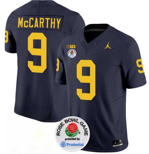 Men's Michigan Wolverines #9 J.J. McCarthy 2023 F.U.S.E. Navy Blue Rose Bowl Patch Stitched Jersey Dzhi